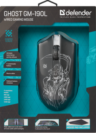 Мышь DEFENDER Ghost GM-190L, USB, проводная, игровая, 6 кнопок, черная, длина кабеля 1,5 м. (1/40)