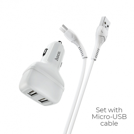 Блок питания автомобильный 2 USB HOCO, Z36 Leader, 2400mA, кабель Micro-USB 1м, огнестойкий, пластик, белый