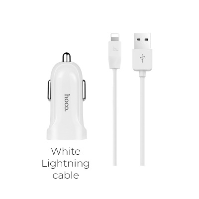 Блок питания автомобильный 2 USB HOCO, Z2A, 2100mA, пластик, кабель Apple 8 pin, цвет: белый
