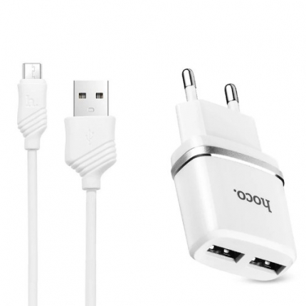 Блок питания сетевой 2 USB HOCO, C12, 2400mA, пластик, кабель микро USB, цвет: белый (1/10/100)