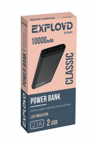 Аккумулятор внешний/Exployd/10000mAh/2 USB/2.1A/металл/чёрный/Aluminum/Classic/EX-PB-901, шт