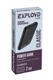 Аккумулятор внешний/Exployd/5000mAh/2 USB/2.1A/пластик/чёрный/Slim/Classic/EX-PB-888, шт