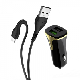 Блок питания автомобильный 2 USB HOCO, Z31, Universe, 3400mA, пластик, QC3.0, кабель микро USB, цвет: чёрный (1/14/140)