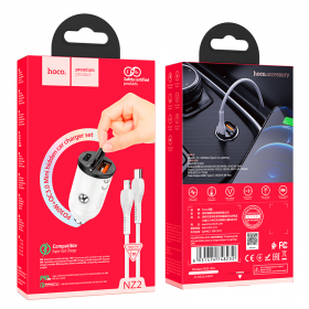 Блок питания автомобильный 1 USB, Type-C HOCO, NZ2, link, пластик, алюминий, QC3.0, PD30W, кабель 8 pin, Type-C, цвет: белый(1/120)