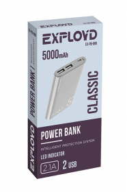 Аккумулятор внешний/Exployd/5000mAh/2 USB/2.1A/металл/серебро/Aluminum/Classic/EX-PB-899, шт