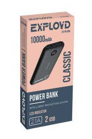 Аккумулятор внешний/Exployd/10000mAh/2 USB/2.1A/пластик/дисплей/чёрный/Slim/Classic/EX-PB-894, шт