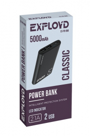 Аккумулятор внешний/Exployd/5000mAh/2 USB/2.1A/металл/чёрный/Aluminum/Classic/EX-PB-898, шт